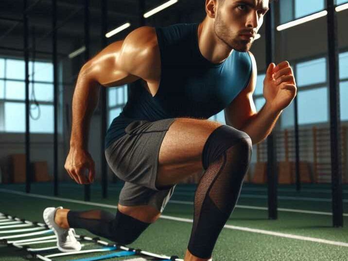 Athlete doing high knees through an agility ladder