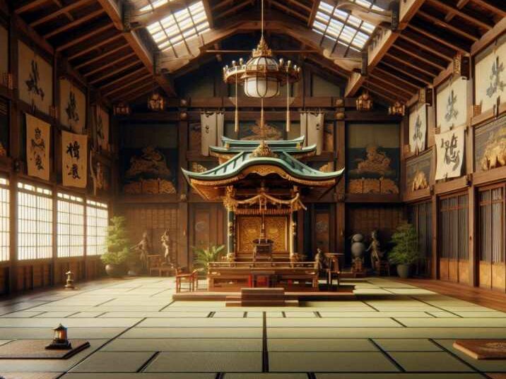 A traditional Japanese dojo featuring tatami mats and a Shinto shrine Martial Arts Schools