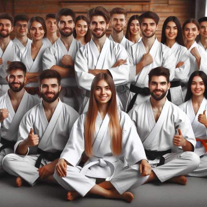 Group of karate students and instructors posing together