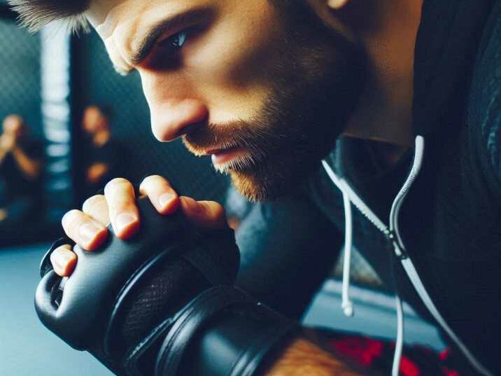 Focused MMA fighter mentally preparing for a match, demonstrating mental strength and determination.