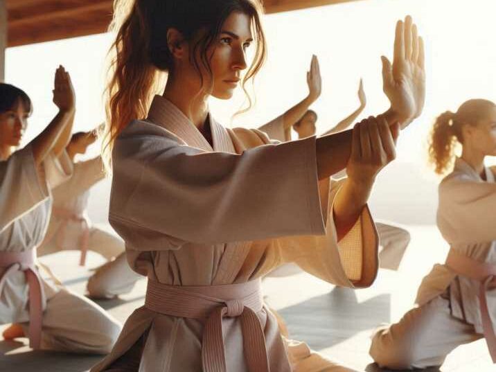Women practicing martial arts techniques