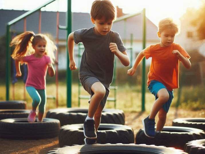 Kids running through a tire obstacle course