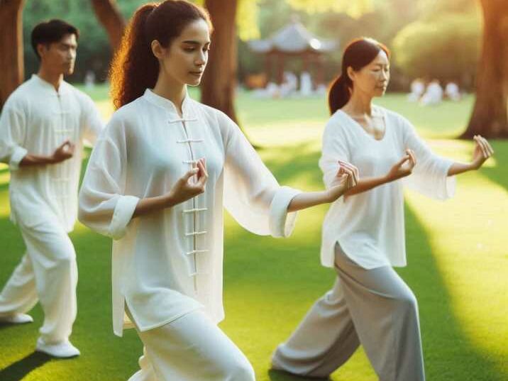 People practicing Tai Chi in a park