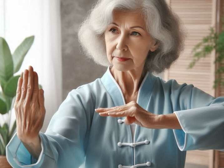 A senior woman performing Tai Chi movements indoors, with a focus on balance and coordination.