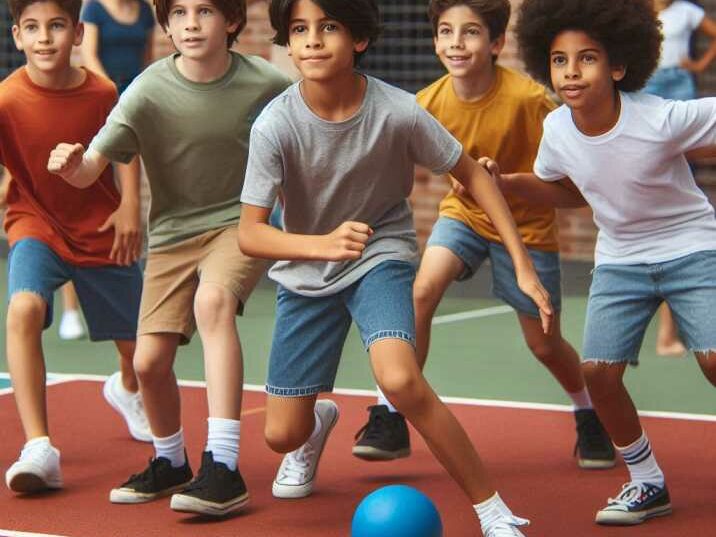 Group of kids playing dodgeball on a court