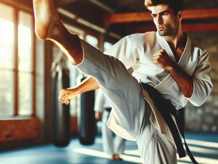 A young artist in martial arts teach kick during a training session.