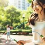 A young girl happily skipping rope in the park