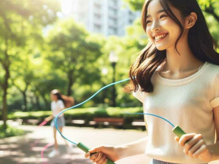 A young girl happily skipping rope in the park