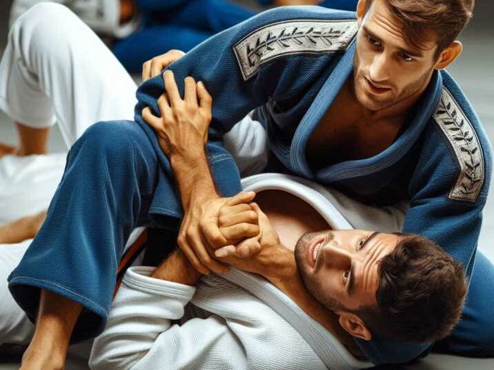 Brazilian Jiu-Jitsu practitioners demonstrating a grappling technique on the mat.