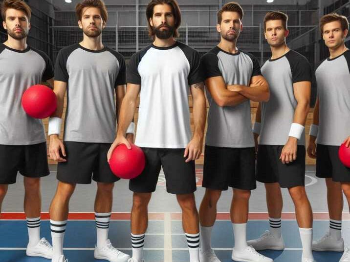 A standard dodgeball team of six players standing in formation on a court.