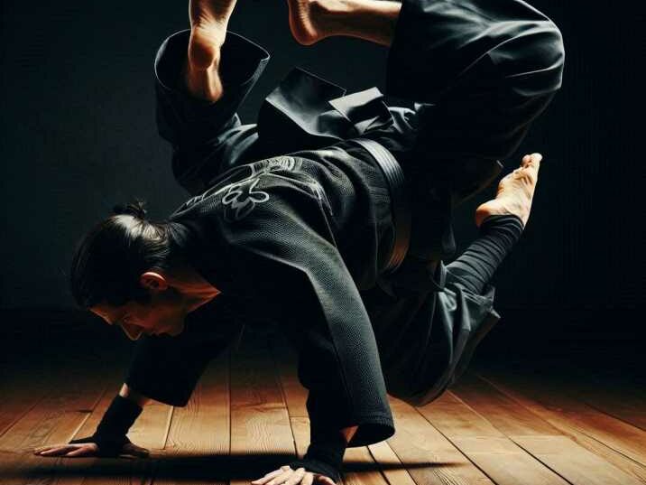 the practitioner performing a forward roll of Ninjutsu Techniques