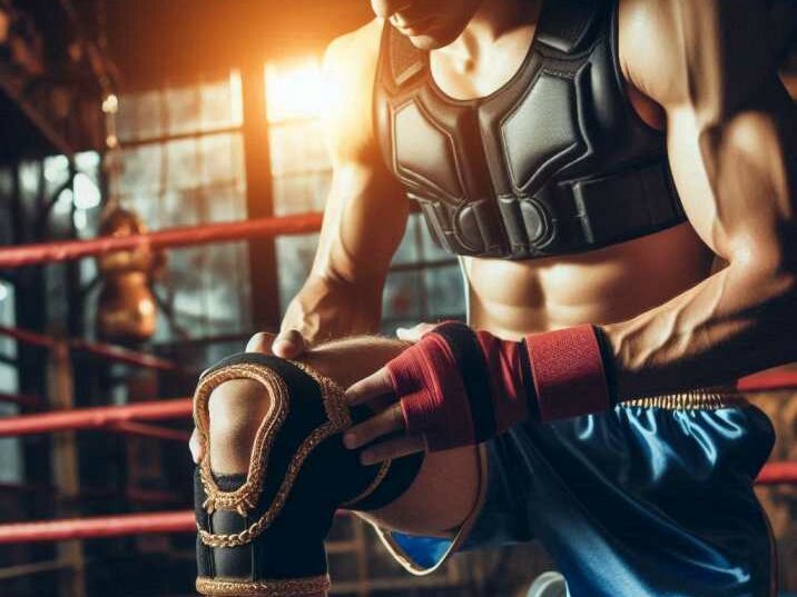 Muay Thai practitioner wearing a knee brace during training.