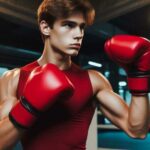 A boxer wearing red gloves practicing in a boxing ring.