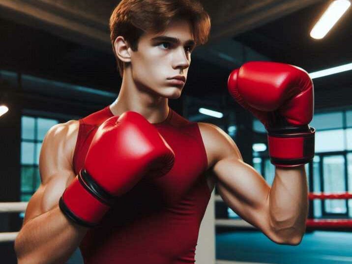 A boxer wearing red gloves practicing in a boxing ring.