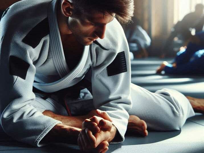 A martial artist practicing Brazilian Jiu-Jitsu solo drills on a mat.