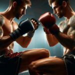 Muay Thai fighters practicing kicks in a gym