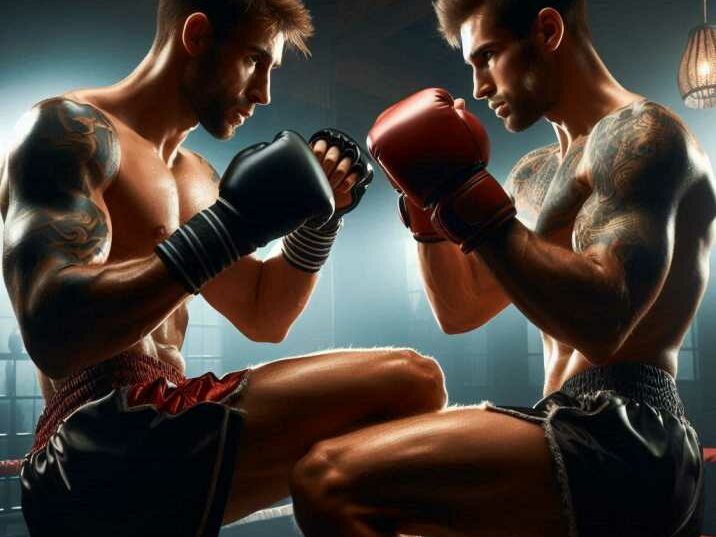 Muay Thai fighters practicing kicks in a gym