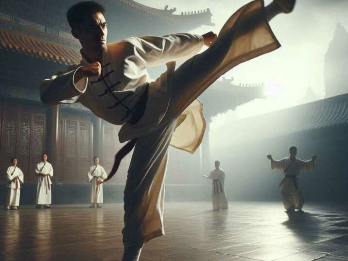 A practitioner performing a powerful kick in Northern Shaolin Kung Fu