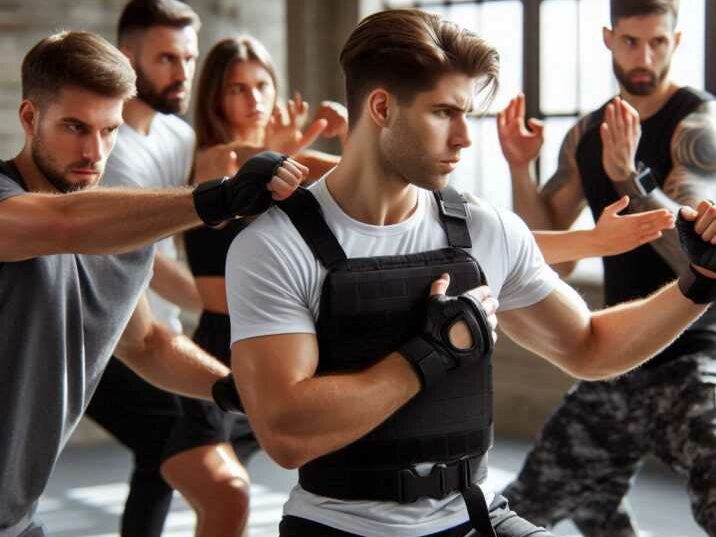 Group of Krav Maga practitioners training in a dojo, performing self-defense techniques with an instructor guiding them.