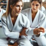 White Belts in Brazilian Jiu-Jitsu students are practicing basic drills in a gym setting.