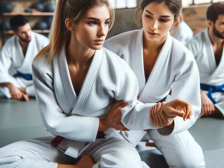 White Belts in Brazilian Jiu-Jitsu students are practicing basic drills in a gym setting.