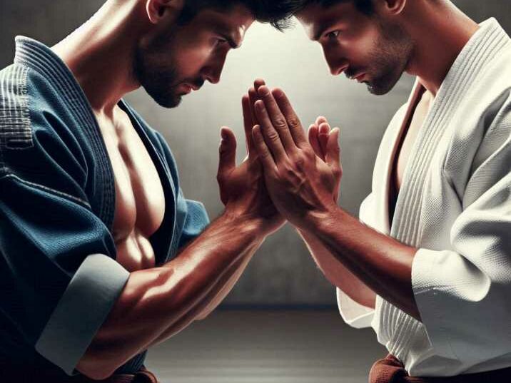 Two martial artists bowing to each other as a sign of respect.