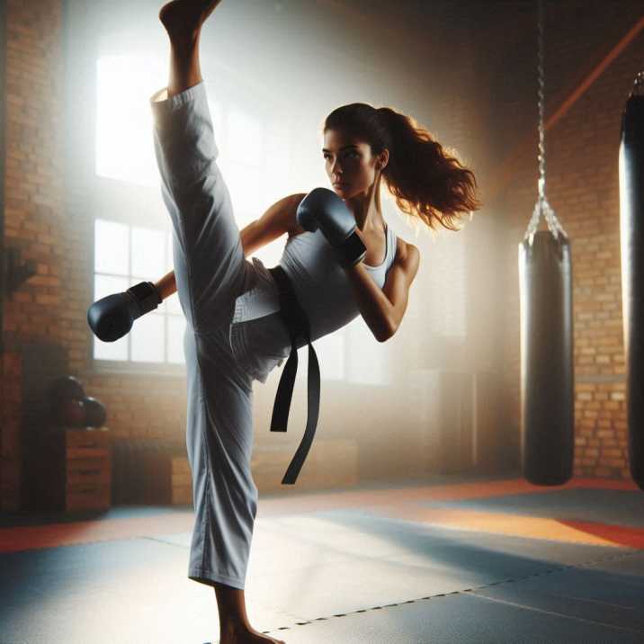 Female martial artist executing a high kick in training