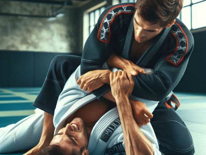 Brazilian Jiu-Jitsu practitioners sparring on the mat.