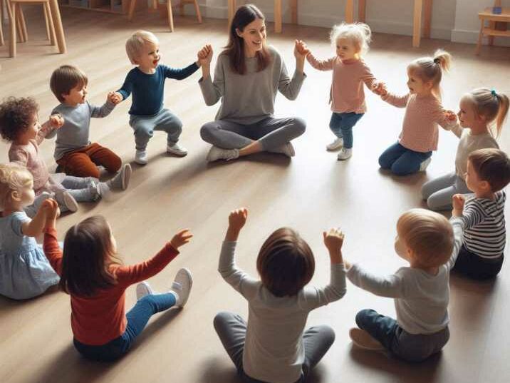 Group of toddlers dancing in a circle with their teacher.