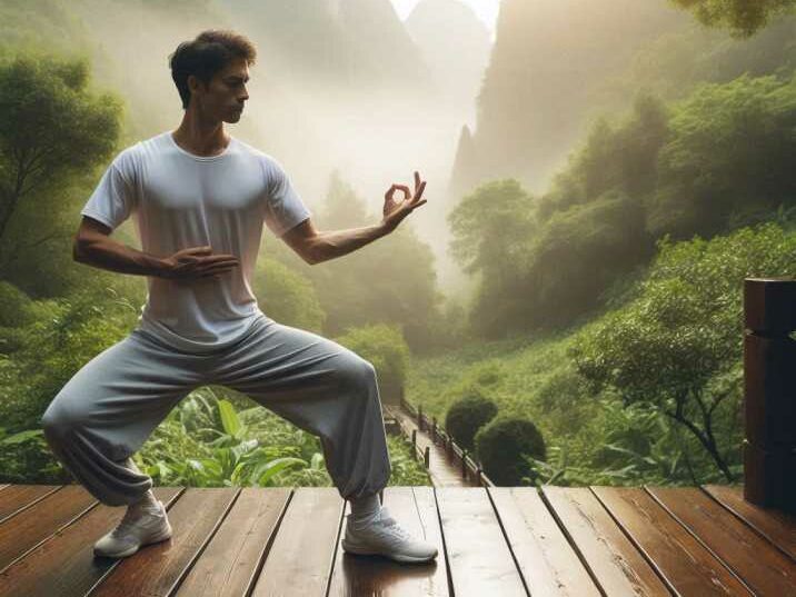 A practitioner performing Qigong exercises in a natural setting.