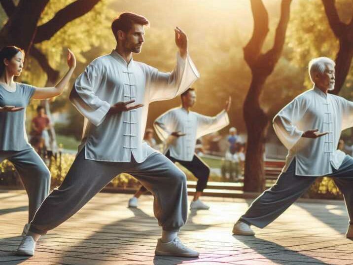 A group practicing Tai Chi in a park.