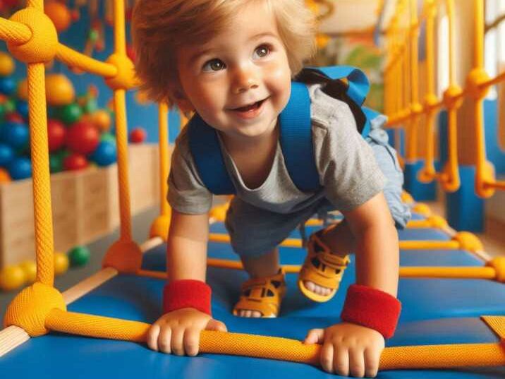 Toddler playing in a colorful indoor obstacle course.