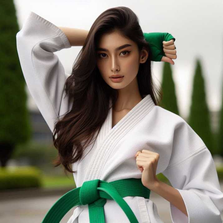 A artist wearing martial art green belt