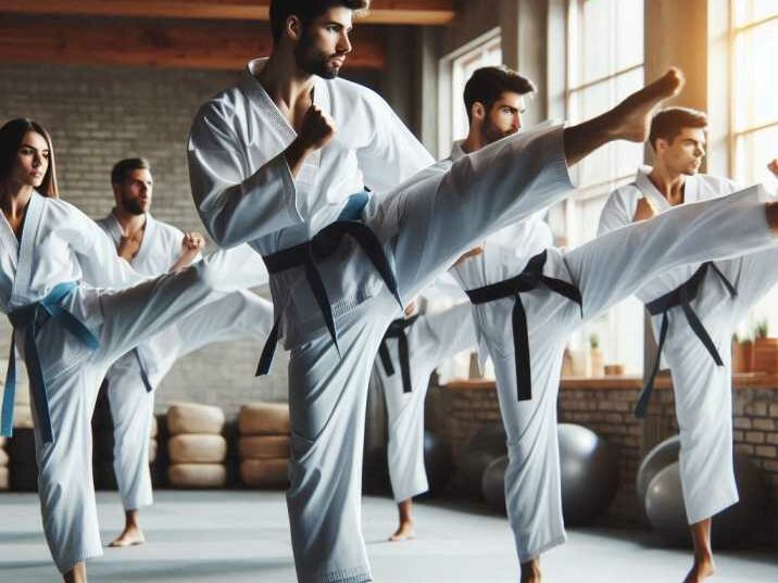 A group of Taekwondo practitioners practicing high kicks in a dojo.