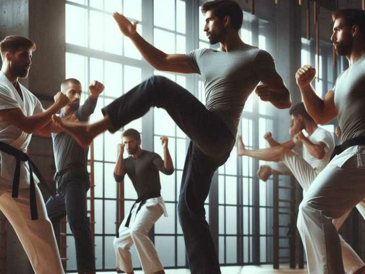 Savate training session with practitioners practicing Chassé (side kick).