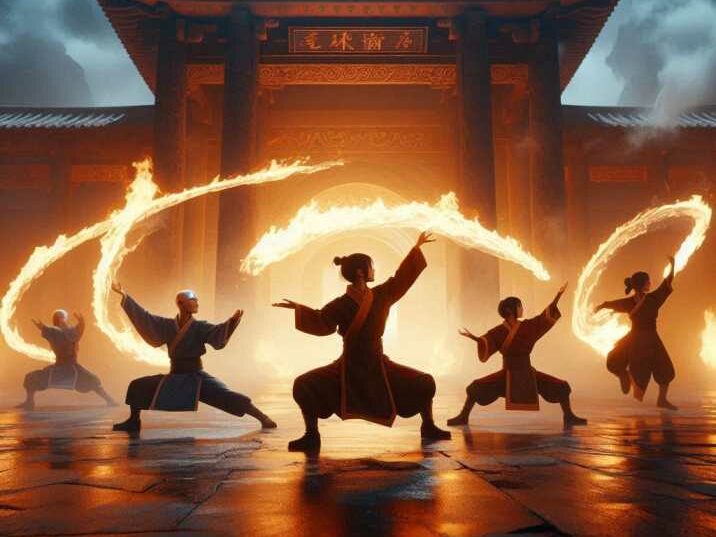 An animated character performing a firebending move in 'Avatar: The Last Airbender.'