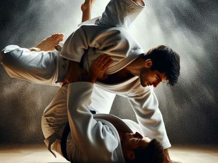 Judo practitioners practicing the Sumi-Gaeshi throw during training.
