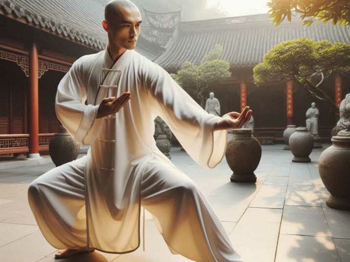 Shaolin Kung Fu Qigong monks practicing in a courtyard