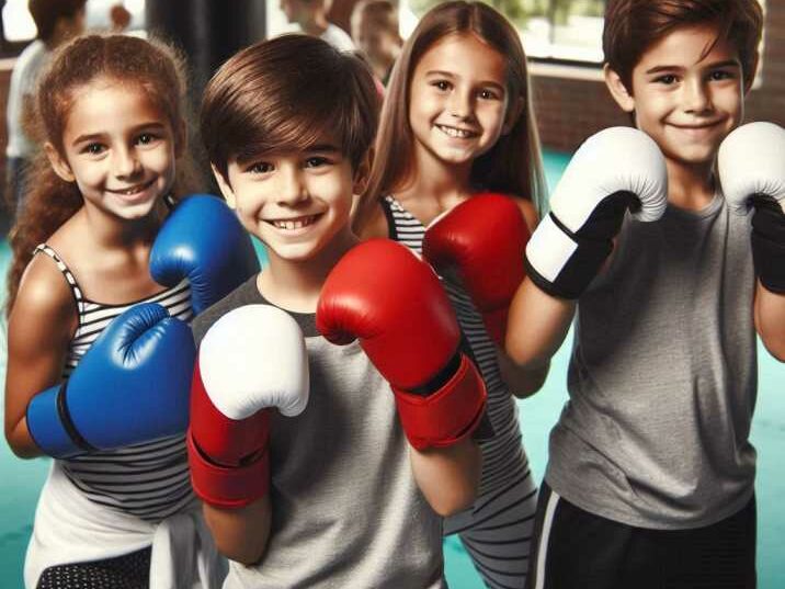 A group of children practicing kickboxing in a class.