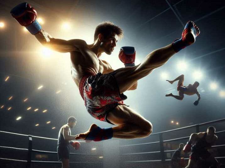 Thai fighter performing a Flying Knee in Muay Thai during a match