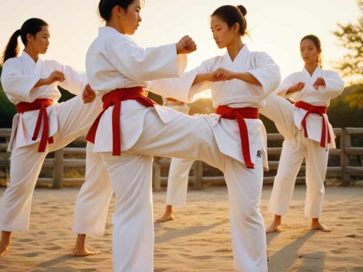 Tang Soo Do practitioners in traditional uniforms performing a high kick.