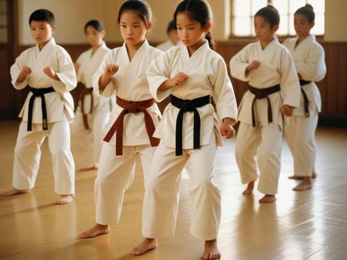 Children wearing martial arts Gis practicing together.