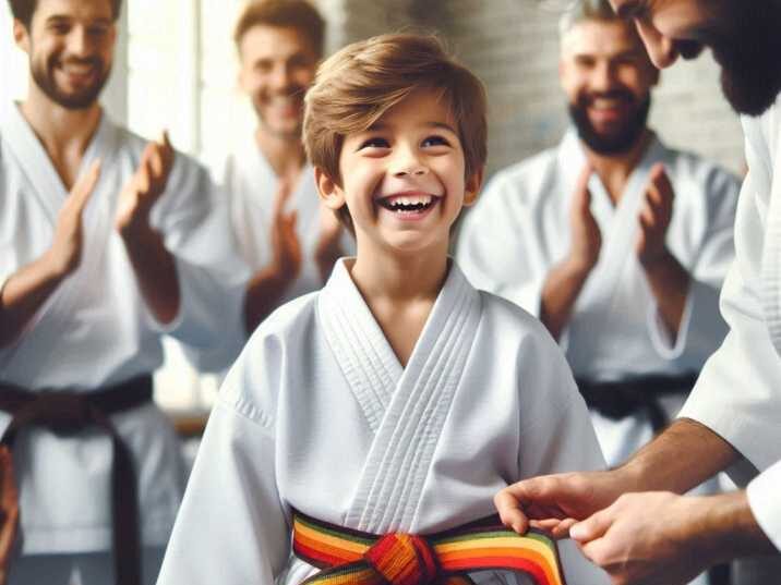 A young martial artist receiving a new belt