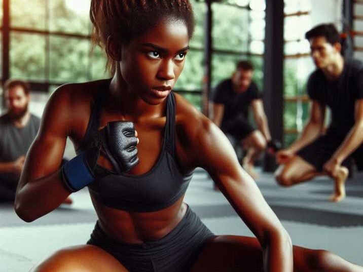 Woman practicing mixed martial arts in a gym.