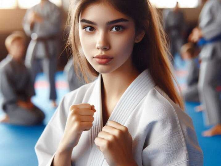 Teen girl in martial arts uniform competing in a tournament with an audience