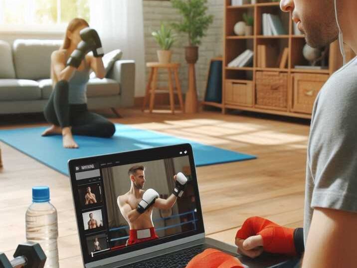 Beginner following an online kickboxing tutorial on a laptop