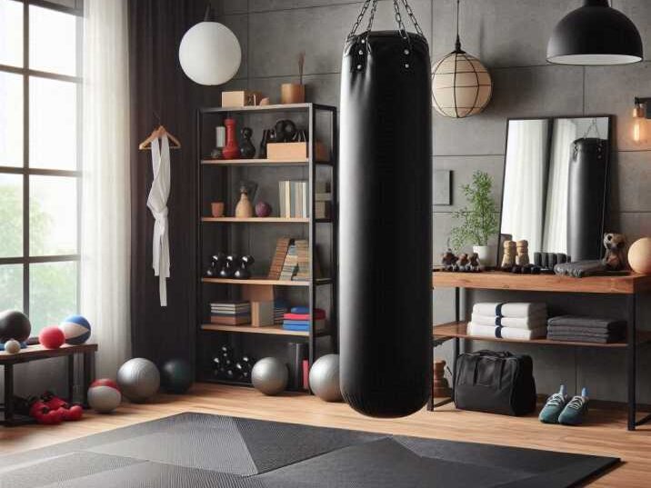 A gym setup for martial arts at home training with a mat, mirror, and punching bag. 