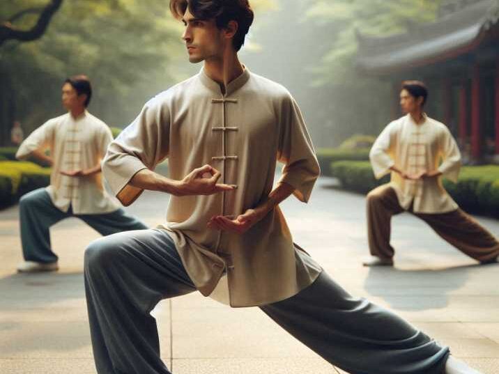 Tai Chi practitioners performing slow, graceful movements in a park setting