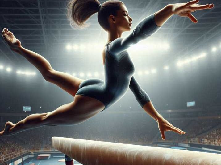 A gymnast performing a balance beam routine, demonstrating skill and precision.