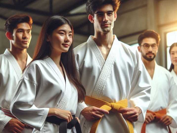 Martial arts students receiving new belts.